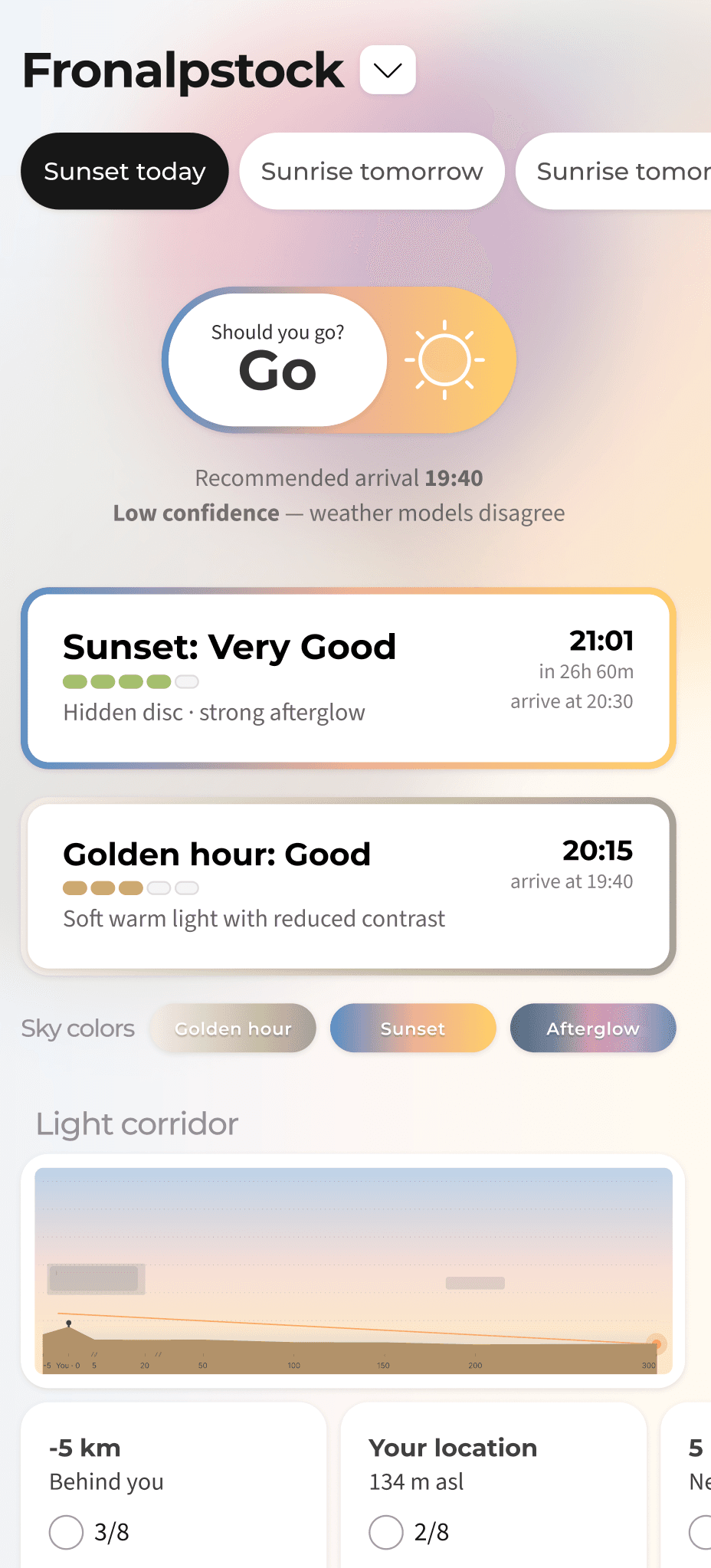 The SunsetVue forecast screen: a GO verdict for tonight, golden-hour timing, and the sky cross-section.